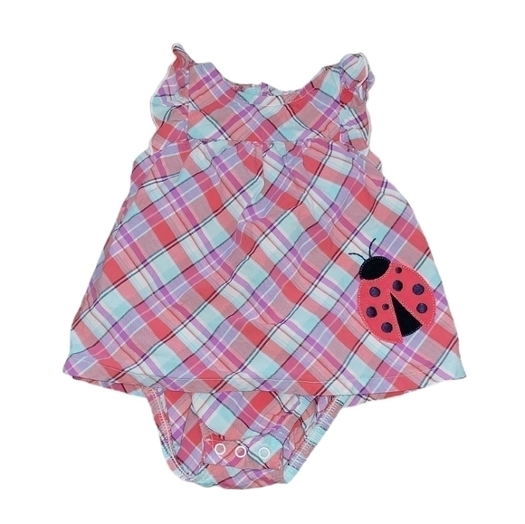 Carter’s size 9 months ladybug plaid pink and blue ruffle sleeve romper - Picture 1 of 7